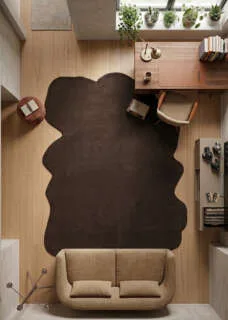Modern carpet dark brown irregular rug placed in a light wood home office, custom carpet Dubai carpets.